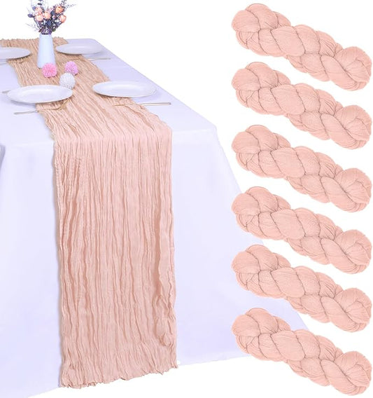 6 Pack Blush Pink Cheesecloth Table Runner 10FT Boho Gauze Fabric Table Runner 35 x 120 Inch Rustic Sheer Runner for Centerpiece Wedding Birthday Baby Shower Party Table Decoration