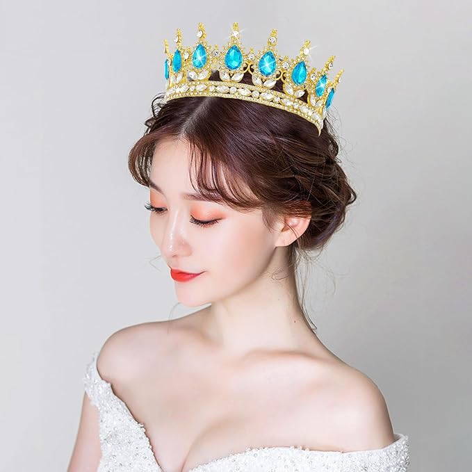 Queen Rhinestone Wedding & Bridal Crowns - Gold & Light Blue Tiaras for Women's Costume Party & Princess Birthday Accessories