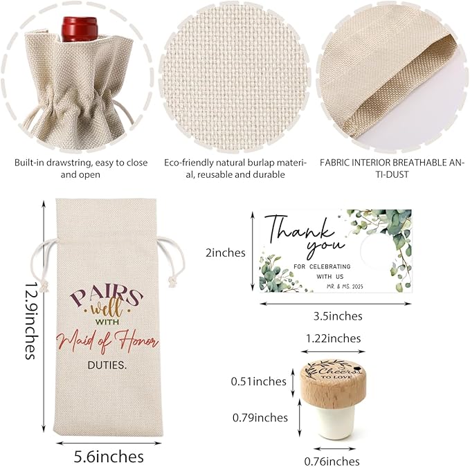 FBCCZEY Maid of Honor Bridesmaid Proposal Gifts Maid of Honor Bridesmaid Wine Bag Wedding Engagement Gift Wine Bottle Bag Pairs Well with Maid of Honor Wine Bags with Thank You Card And Stopper