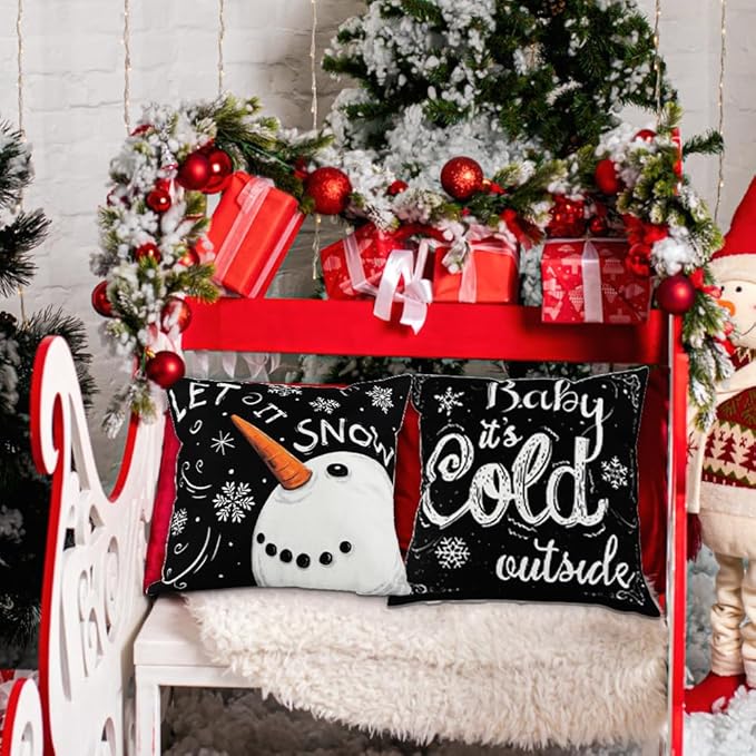 Christmas Pillow Covers - 18x18 inch Black Merry Christmas Snowflake Snowman Tree Decorations Throw Cushion Case for Indoor Home Bedroom Couch Decor