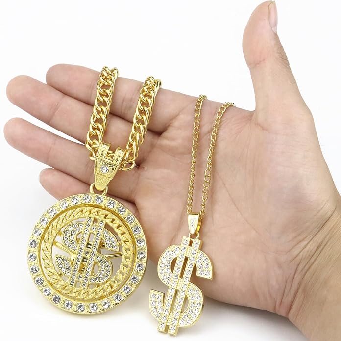 6 Pack Fake Gold-Colored Dollar Sign Chain Necklace Ring for 80s 90s Hip Hop Costumes Outfit, Rapper Jewelry for Men Women