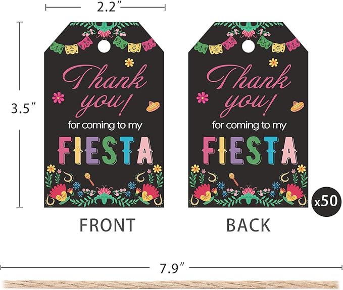 Aukolass 50PCS Fiesta Gift Tags, Thank You Tags for Mexican Themed Party Favors and Taco Bout Party Decorations-Double-sided (Black)