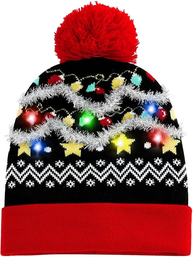 RAISEVERN Unisex Ugly LED Christmas Hat Novelty Colorful Light-up Stylish Knitted Sweater Xmas Party Beanie Cap(6 Lights)