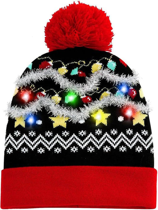 RAISEVERN Unisex Ugly LED Christmas Hat Novelty Colorful Light-up Stylish Knitted Sweater Xmas Party Beanie Cap(6 Lights)
