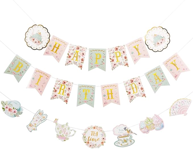 SUNBEAUTY Floral Tea Party Birthday Decorations Tea Happy Birthday Banner Floral Garland Birthday Banner for Alice in Wonderland Tea Party Decorations Photo Booth Backdrop | Pre-Strung