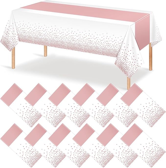 12Pcs White Rose Gold Tablecloth Party Decorations,Plastic White Table Cloth Printed Rose Gold Table Runner Disposable Rectangle Tables Cover for Birthday Anniversary Wedding Grad Party,54 x108 Inch