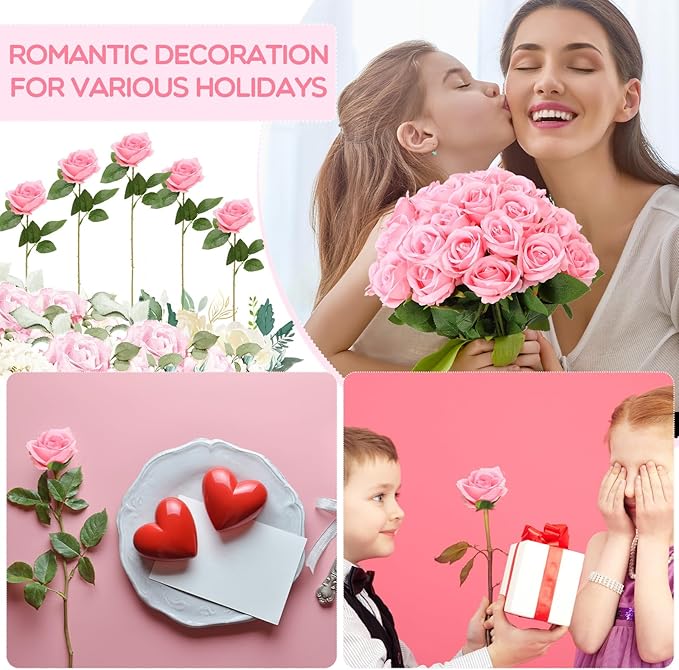 Hotop 80 Pcs Rose Artificial Flowers Bulk with Long Stem, Silk Roses Realistic Fake Flowers Bouquet for Wedding Table Centerpieces Bridal Shower Party Home Decorations(Pink)