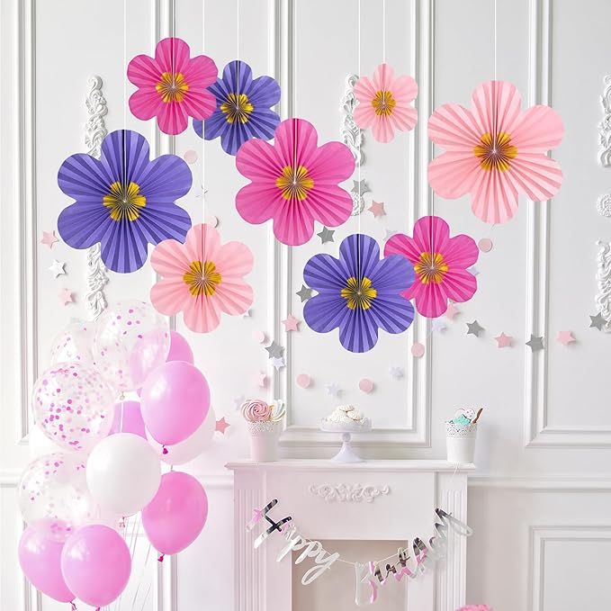 9 PCS Paper Fans Decorations, Pink and Purple Birthday Decorations, Paper Flowers, Classroom Decoration