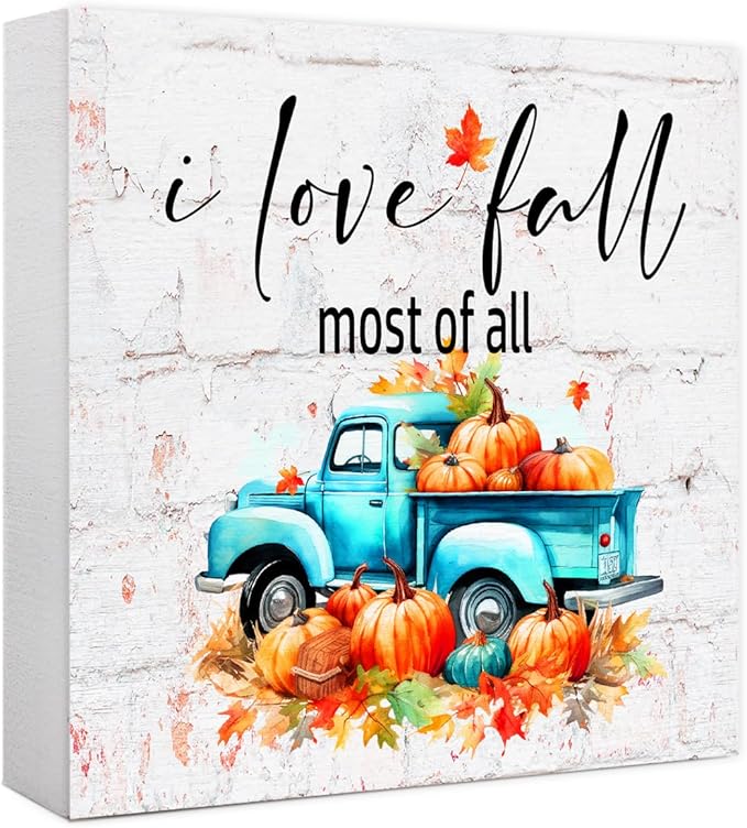 Funny Autumn Wood Box Sign I Love Fall Most Of All Wooden Block Desk Decor for Home Office Kitchen Cubicle Table Shelf Tabletop,Farmhouse Fall Sign Decor