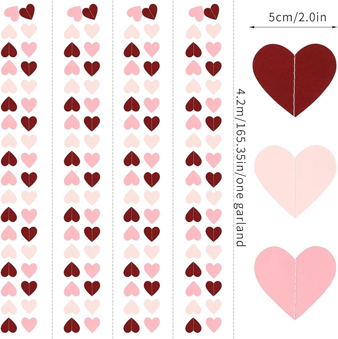 Pink Burgundy Party-Decorations Heart Garland - 62FT Wedding Hanging Streamer Banner,Birthday Baby Bachelorette Engagement Mothers Day Bridal Shower Backdrop Decor Hugtmr