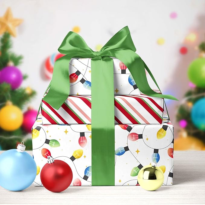 LaRibbons Reversible Vintage Christmas Wrapping Paper Roll, Classic Christmas Light & Stripe Gift Wrap for Holiday, Xmas Party Celebration, 17 Inch × 33 Feet