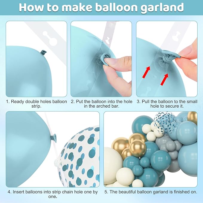 Amandir 153pcs Dusty Blue Balloon Garland Arch Kit, Different Sizes 18 12 10 5 inch Slate Fog Blue Ivory Latex Metallic Confetti Balloons for Boys Birthday Baby Shower Ocean Theme Party Decorations