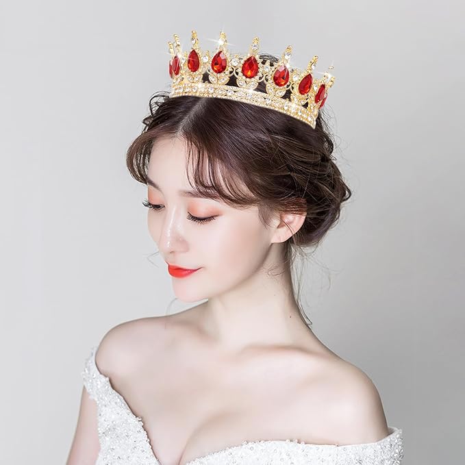 Queen Crown Rhinestone Wedding Crowns and Tiaras for Women Costume Party Hair Accessories Princess Birthday Crown Crystal Bridal Crown (Gold & Red Crown)