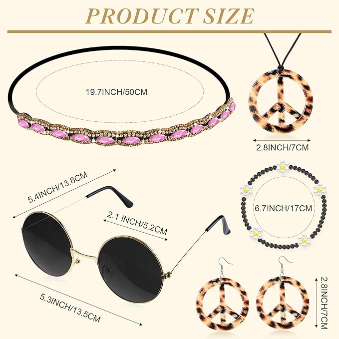 Batiyeer 6 Pcs Hippie Costume Accessories Set, Boho Peace Sign Daisy Flower 60s 70s Party Favors Decor for Groovy Party Women(Leopard)