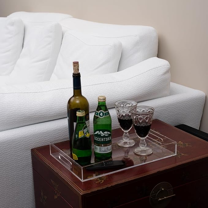 Clear Sturdy Acrylic Serving Tray with Handles 10x15x2H Inches -Spill Proof- Decorative Trays Countertop Organizer for Ottoman Coffee Table Nightstand, sidetable, Breakfast, Tea, Food