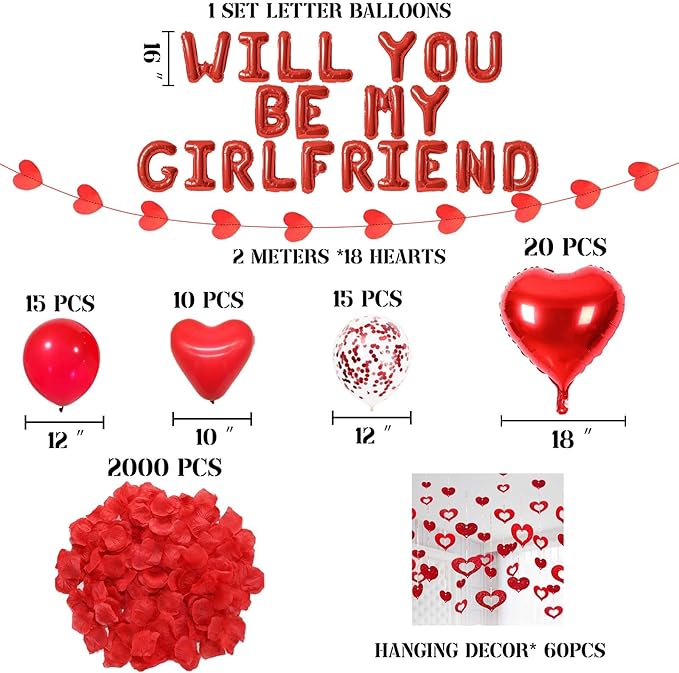 Valentine's Day Decorations Red Will You Be My Girlfriend Balloons - 2000pcs Red Artificial Rose Petals 16" Letter Balloons 18" Foil Latex balloon 20 heart balloon Hanging Swirls Heart Banner