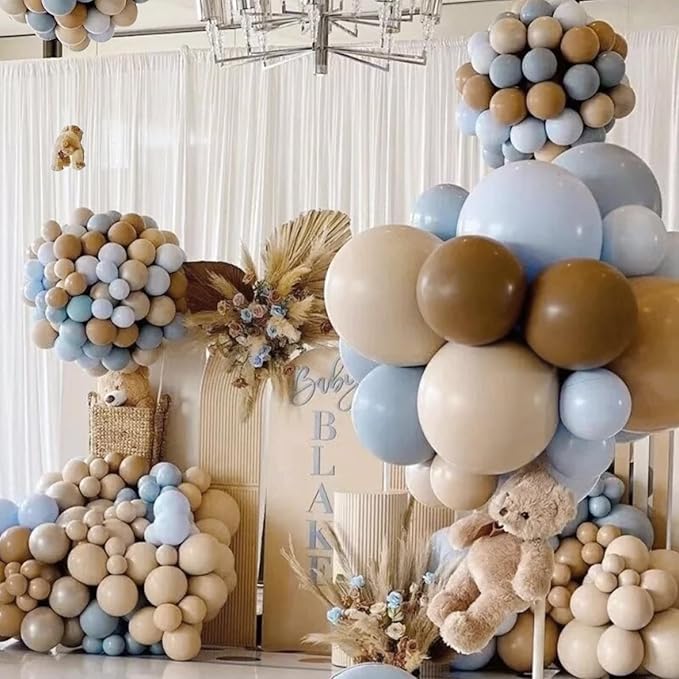 Dusty Blue Brown White Balloon Arch Kit, 166Pcs Boho Dark Brown Pastel Blue Sand White and Nude Balloons Garland for Baby Shower Gender Reveal Birthday Party Decoration
