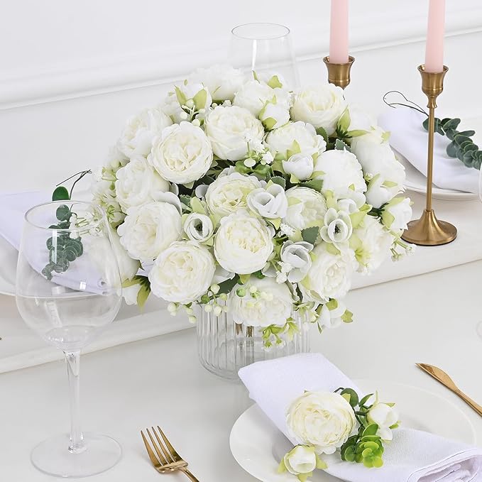 MARTINE MALL 2 Packs Peonies Artificial Flowers, White Artificial Peonies, Silk Peonies Flowers Fake Peonies Artificial Flowers Peonies Bouquet for Centerpiece Table Wedding Party Home Decor