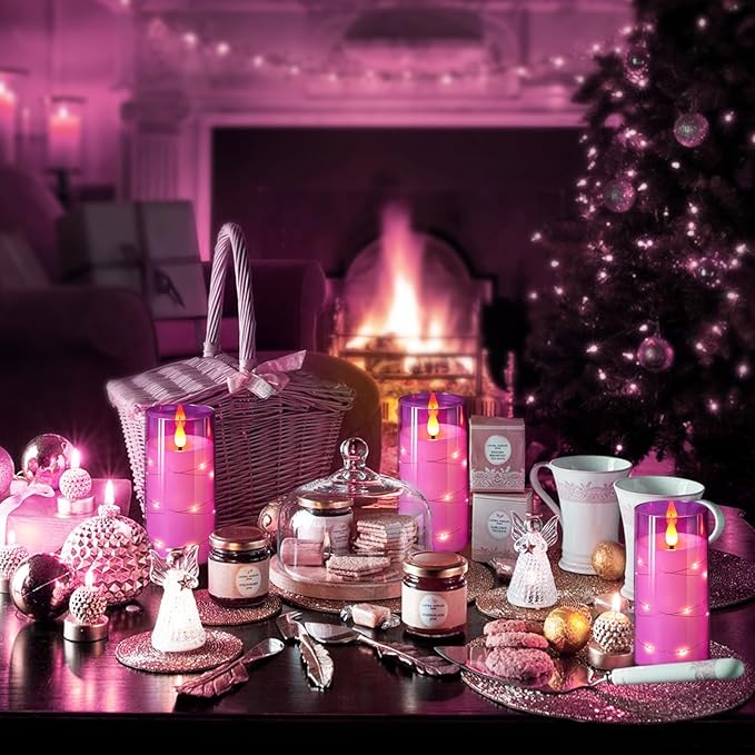 NURADA 3"x6"Flickering Flameless Candles: Built-in Star String Lights 3D Wick Battery Operated LED Pillar Candles with Remote and Timer for Table Wedding Centerpieces Party - 2 Pack Purple