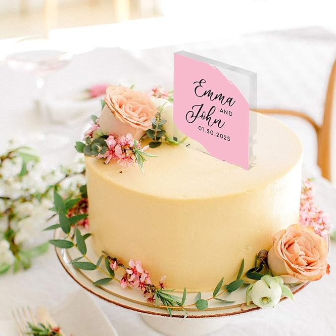 Andaz Press Modern Pink Brushstroke Custom Wedding Cake Topper, Acrylic Square Personalized Couple Cake Topper