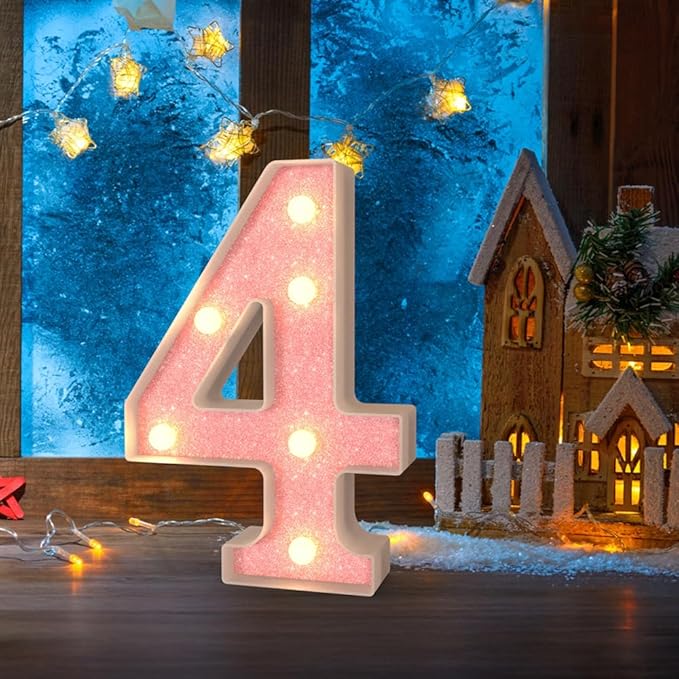 Marquee Light up Numbers 0-9, Battery Powered LED Light, Pink Glitter Plastic Sign, Night Light Decor for Graduation, Engagement, Wedding, Baby Shower, Birthday (Number 4)