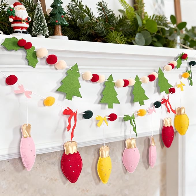 SUNBEAUTY Felt Christmas Garland Banner Pom Pom Garland Christmas Felt Xmas Tree Bells Bow Red Green White Christmas Ornaments for Wreath Home Indoor Outdoor Window Party Xmas Decorations