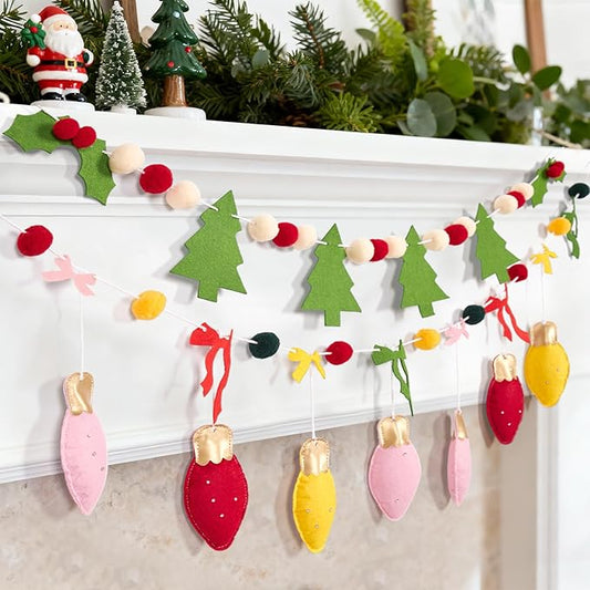 SUNBEAUTY Felt Christmas Garland Banner Pom Pom Garland Christmas Felt Xmas Tree Bells Bow Red Green White Christmas Ornaments for Wreath Home Indoor Outdoor Window Party Xmas Decorations