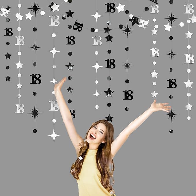 Silver Black 18th Birthday Decorations Number 18 Circle Dot Twinkle Star Garland Streamer Banner Backdrop for Girls Boys Happy 18th Birthday Time to Adult Cheers to 18 Years Old Anniversary Party