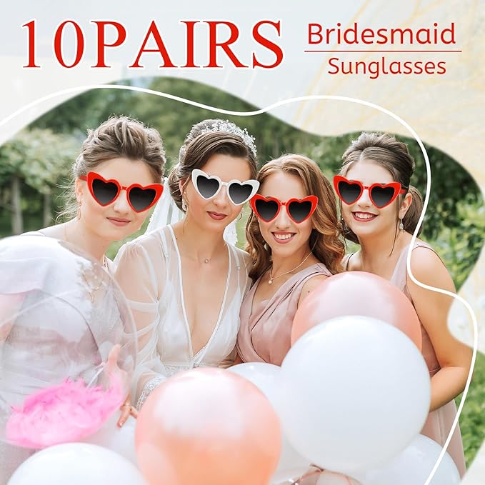 4/6/8/10/12 Pack Bachelorette Sunglasses Heart Sunglasses Vintage Heart Shaped Glasses for Women Bridal Party Wedding
