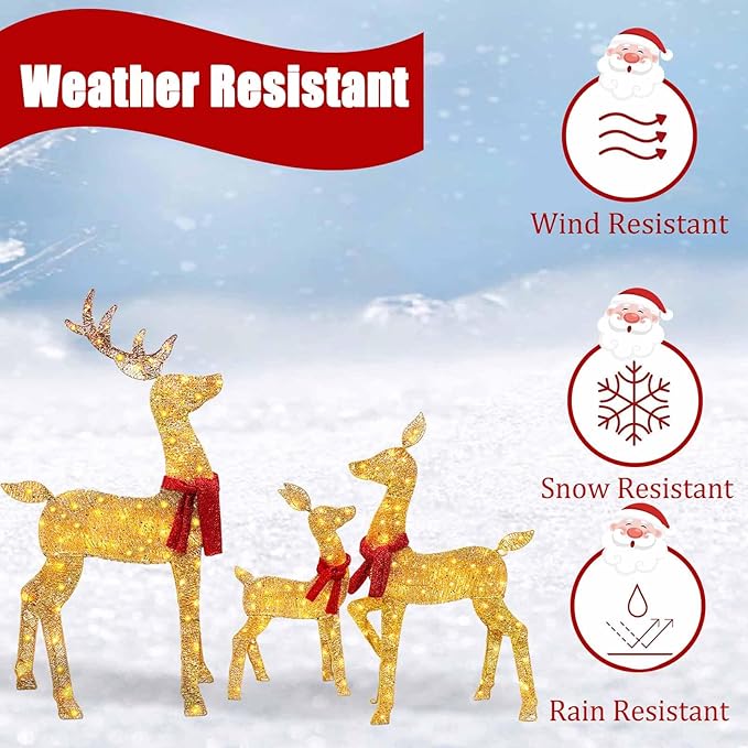 2025 New 48" 2.5D Lighted Christmas Deer Decorations, 3-Piece Lighted Christmas Deer Family Set, 4FT Large Outdoor Yard Reindeer Holiday Decoration with145 LED Lights, Gold