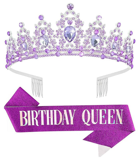 Birthday Tiara Crown with Sash for Women, Headband Hair Accessories for Wedding Party Costume Purple