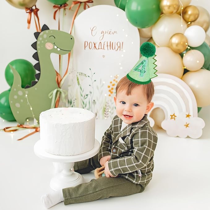 Green Glitter Dinosaur Birthday Cone Hat for 1-5 Years Old Kids Boys Dino Dinousour Birthday Hat Party Decoration