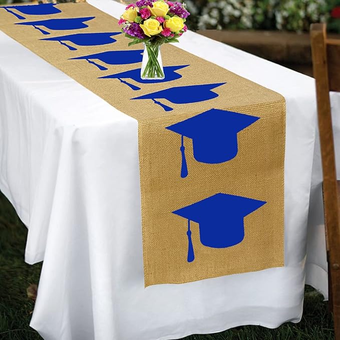 Burlap Graduation Table Runner 72 Inch - Rustic Decorations for Tabletop Centerpiece Decor Idea 2022 Party Supplies Cloth (Navy Blue) 1