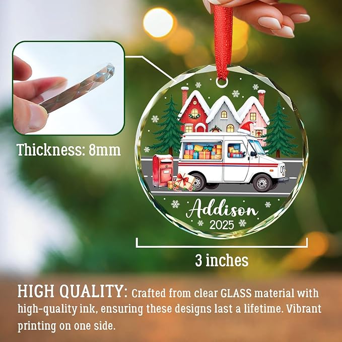 Mail Carrier Christmas Glass Ornament 2025, Personalized Mail Truck Xmas Tree Ornament Gifts for Mailman Postal Worker & Driver, Christmas Truck Decor, Customized Name Mailman Ornaments Xmas