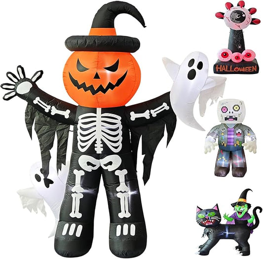 LANGXUN 8ft Skeleton Pumpkin with Ghosts 2025 Halloween Inflatable Decorations - Giant LED-Lit Outdoor Indoor Yard Decor for Lawn, Garden, Patio Holiday Parties