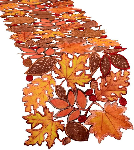 Simhomsen Embroidered Fall Leaves Table Runner for Thanksgiving, Autumn Harvest Decorations (14 × 88 inches)