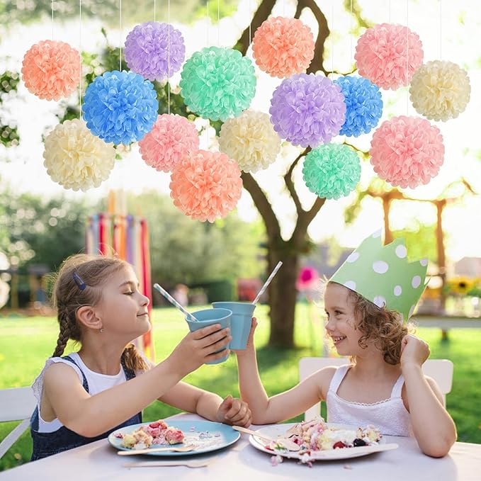 EASY JOY 15PCS Pastel Paper Tissue Pom Poms Decoration Macaron Rainbow Candy Ice Cream Easter Flowers Wall Hanging Decor for Birthday Wedding Baby Shower