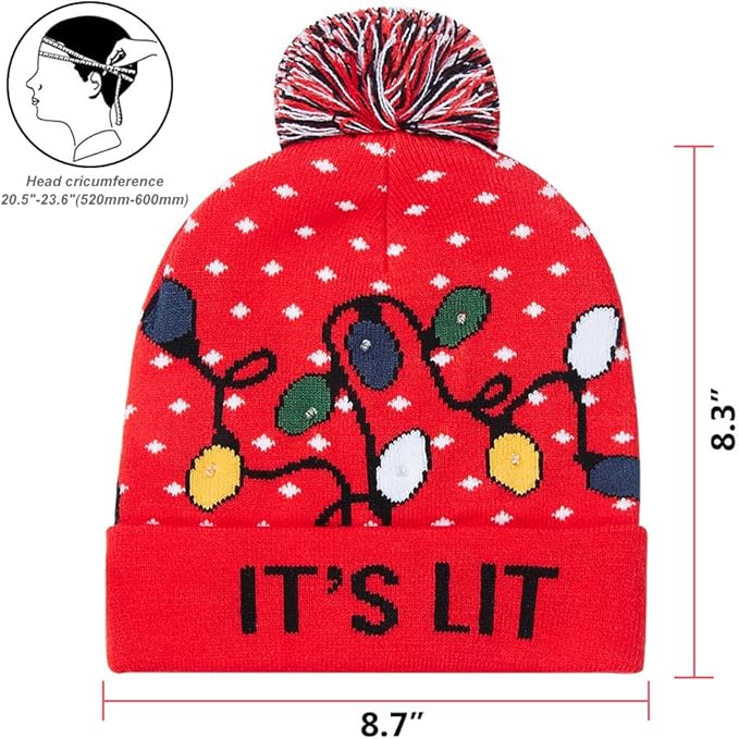 RAISEVERN Unisex Ugly LED Christmas Hat Novelty Colorful Light-up Stylish Knitted Sweater Xmas Party Beanie Cap(6 Lights)