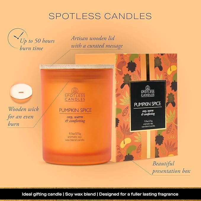 Pumpkin Spice Candle - 275g/9.7 oz Pumpkin Candle in Orange Frosted Glass Jar with Wooden Lid and Wooden Crackling Wick in Luxurious Gift Box - Cosy, Warm and Comforting