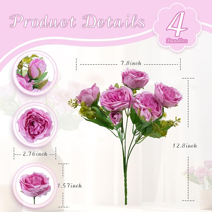 4 Packs Artificial Peonies Silk Flowers: Faux Peony Bouquet 4 Bundles, Fake Peonies Flowers Bulk for Centerpiece Table Wedding Party Home Decor for Vase Decoration (Light Purple)