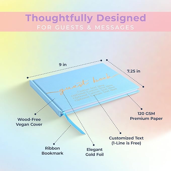 Promot Personalized Guestbook for Party (Baby Blue) - 110 Lined Pages in Wood-Free Vegan Leather Hard Cover - Wedding Guest Book Sign in and Photos, Baby Shower, Birthday or Graduation