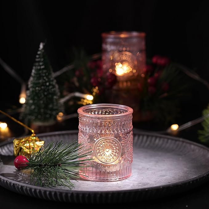 DEVI 24pcs Pink Votive Candle Holders for Table Centerpieces, Glass Tea Lights Candle Holder, Wedding Shower Decorations, Baby Shower Decorations, Valentine Party Centerpieces Table Decoration