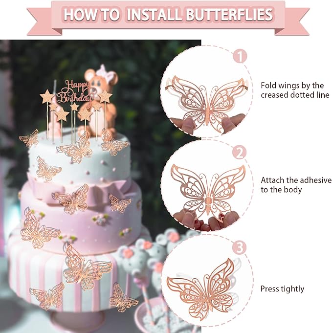 285 Pcs Rose Gold Party Decorations, Birthday Decorations For Women Or Girl - Knives, Forks and Spoons, Tiara, Butterfly, Sash, Paper Pom Poms, Balloon Stand, Tableware For 25 Guests