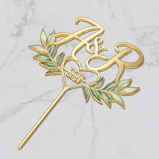 Personalized Wedding Cake Topper with Custom Bride & Groom's Initials and Date Wedding Cake Decoration UV-Printed Heart and Green Leaves Design