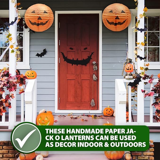 Mudra Crafts Hanging Pumpkin Lanterns Outdoor Indoor Jack-o’-Lantern Halloween Decorations, 12-Inch Orange Spooky Paper Lantern Lamps for Halloween Party Decor, Set of 10