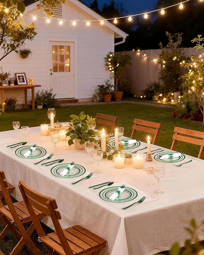 Goodluck 350 Piece Green Plastic Plates, Clear Plastic Silverware Disposable Plates Set, Include 100Plates, 50Pack Pre Rolled Napkins with Silverware, 50Cups for Party, Wedding, Graduation