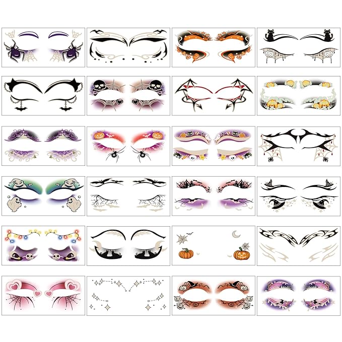 24 Pairs Halloween Luminous Eye Shadow Temporary Tattoos, Eyeliner Tattoo Stickers Spider Web Bat Pattern, Glow in the Dark Eyeliner Fake Tattoos for Women Men Eye Makeup Halloween Party Supplies