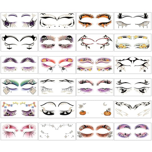 24 Pairs Halloween Luminous Eye Shadow Temporary Tattoos, Eyeliner Tattoo Stickers Spider Web Bat Pattern, Glow in the Dark Eyeliner Fake Tattoos for Women Men Eye Makeup Halloween Party Supplies