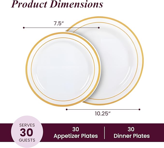 Aya's 60 Gold Rimmed Plastic Plates for Party, Heavy Duty Disposable Set of 30 Dinner and 30 Dessert Plates, Elegant Fancy Design for Weddings, Parties, and Special Events
