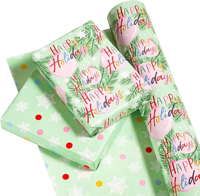 WRAPAHOLIC 30 Inch Jumbo Reversible Christmas Wrapping Paper - 30 Inch x 100 Feet Jumbo Roll Happy Holiday Lettering with Christmas Ball Design for Holiday, Party Celebration